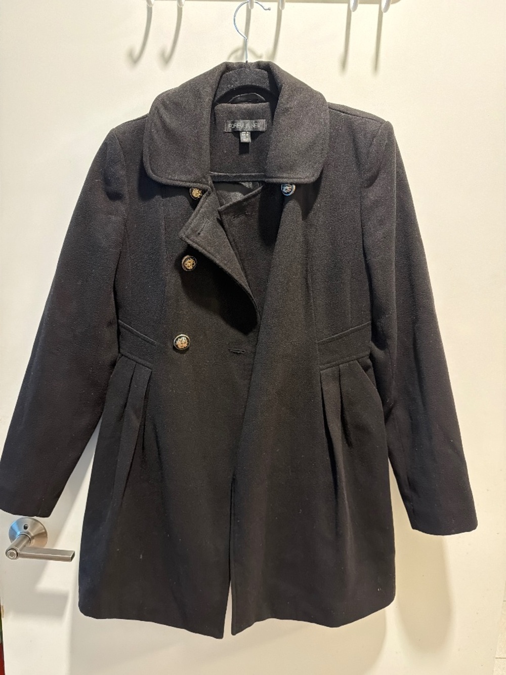 Forever New Black Wool Blend Coat Gold Buttons Size 4 Pea Coat